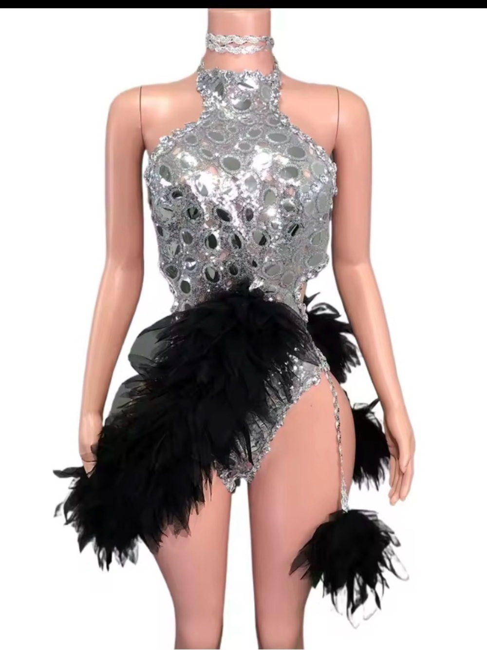Silver Sequin Halter bodysuit with Black look alike Feathers Trim